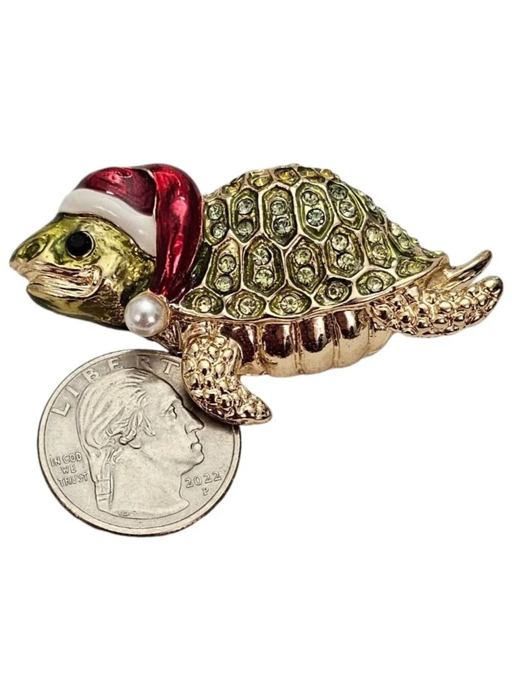 Green Rhinestone Christmas Sea Turtle Brooch Red Enamel Santa Hat L448